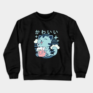 Kawaii Aesthetics Japanese Strawberry Milk Shake かわいい Cat - Blue - Strawberry Milk Crewneck Sweatshirt